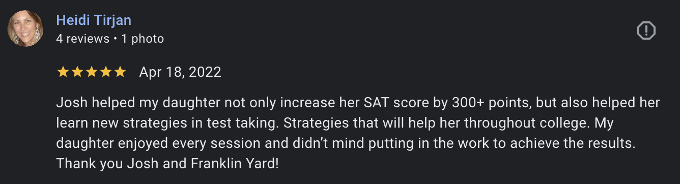 Heidi Tirjan Google Review: 360+ point SAT increase, 5 stars